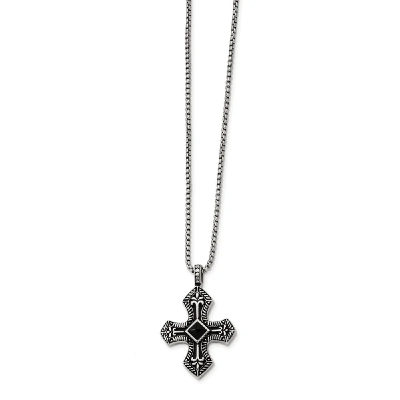 Stainless Steel Black Agate and Antiqued Cross Necklace - 24 Inch