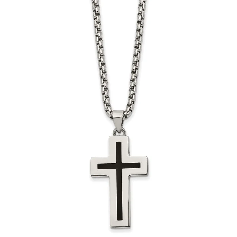 Stainless Steel & Black Enamel Small Cross Necklace, 24 Inch