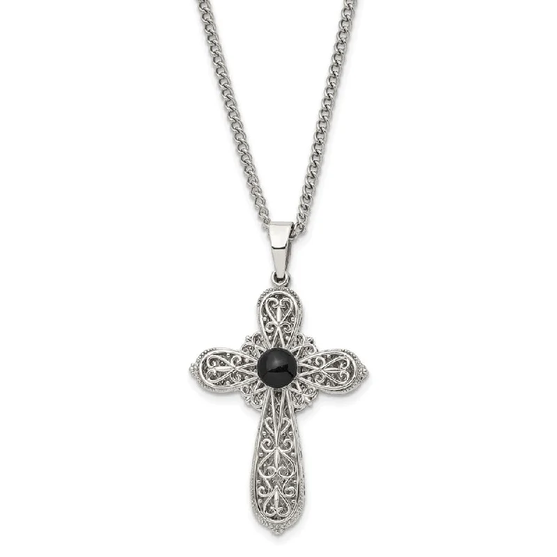 Navy sapphire necklace-Stainless Steel & Black Epoxy Pentecost Prayer Cross Necklace, 24 Inch