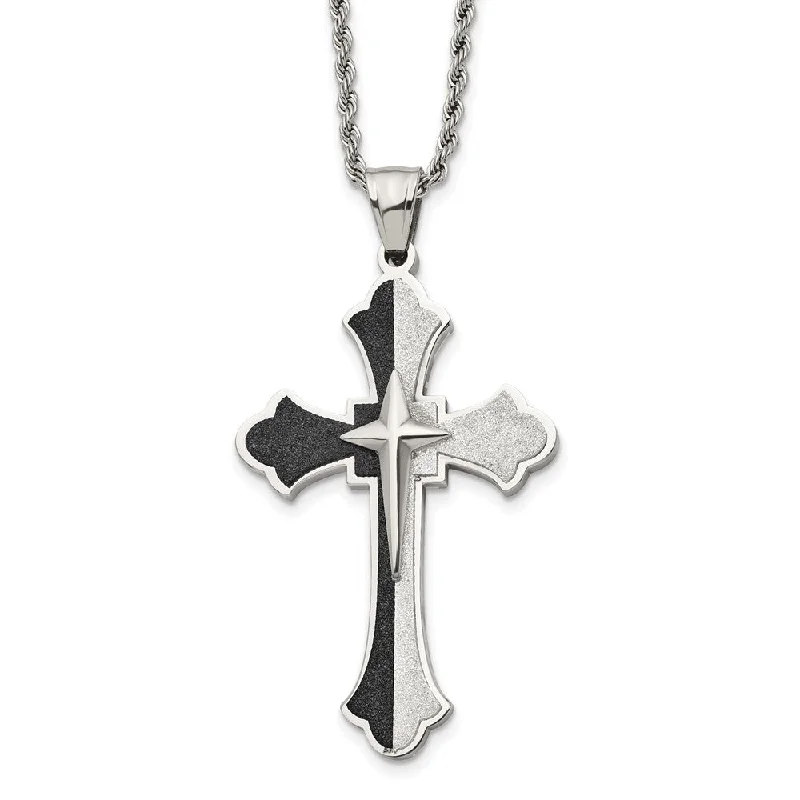 Matte chain necklace-Stainless Steel & Black Plated Large Fleur de lis Cross Necklace, 24in