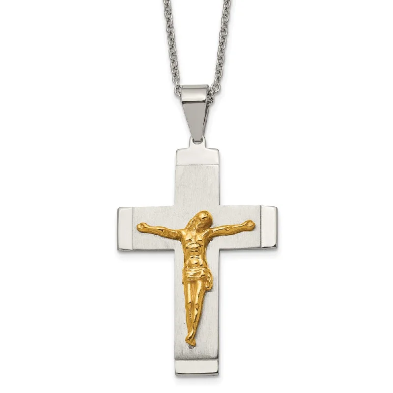 Stainless Steel & Gold Tone Plated Large Crucifix Necklace, 20 Inch