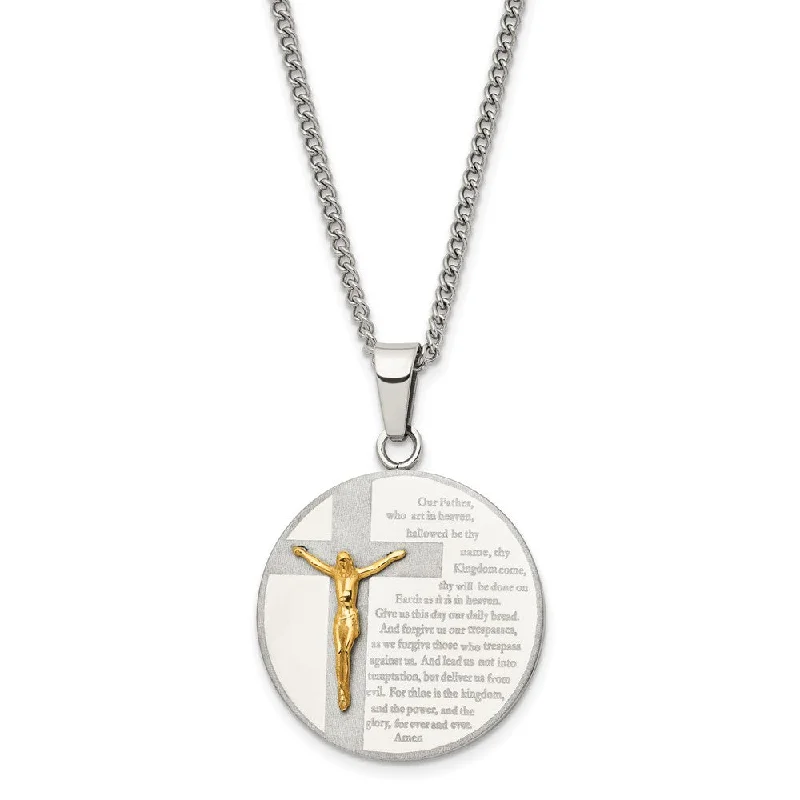 Stainless Steel & Gold Tone Plated Lords Prayer Disc Necklace, 24 Inch