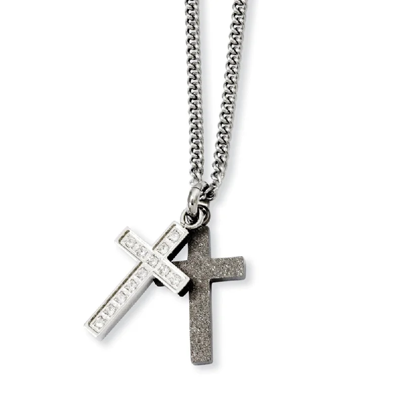 Bamboo wrap necklace-Stainless Steel Laser-cut and CZ Double Cross Necklace - 20 Inch