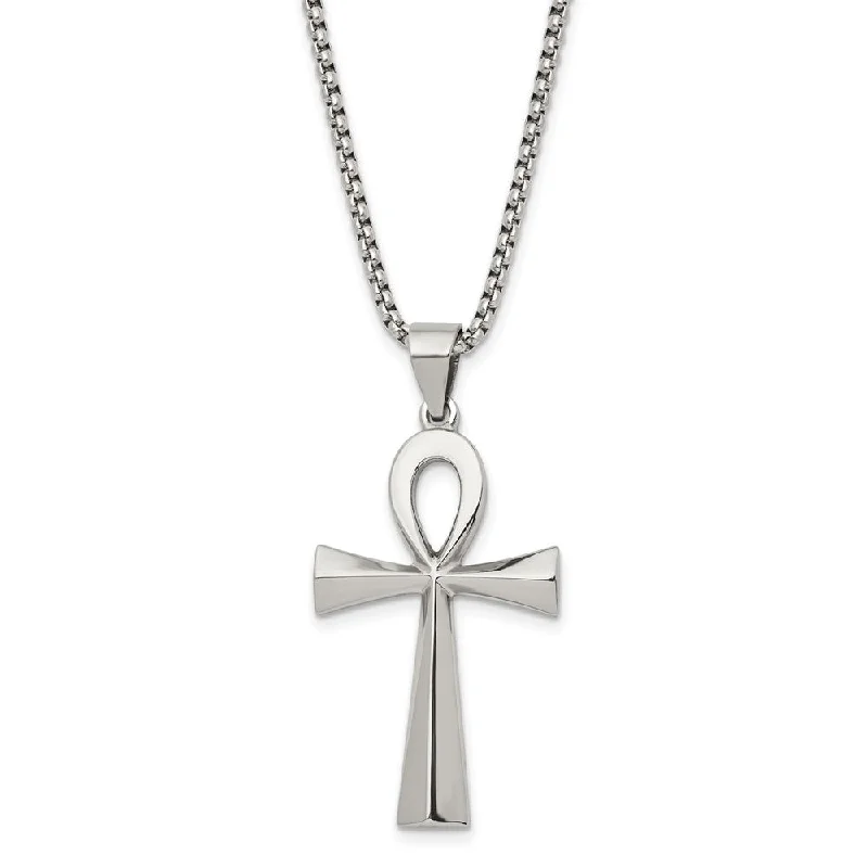 Waxed stone necklace-Stainless Steel Polished Ankh Cross Necklace, 25.5 Inch