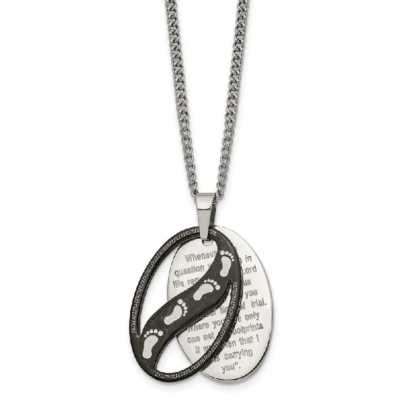 River pebble necklace-Stainless Steel Polished & Black Plated Footprints Necklace, 24 Inch