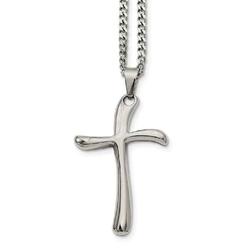 Cotton strip necklace-Stainless Steel Polished Curved Cross Necklace - 22 Inch