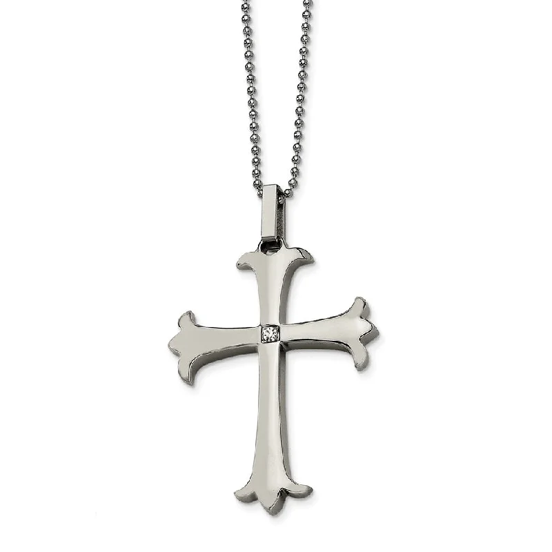 Marble fleck necklace-Stainless Steel Polished Fleur-de-lis Cross Necklace with CZ - 22 Inch