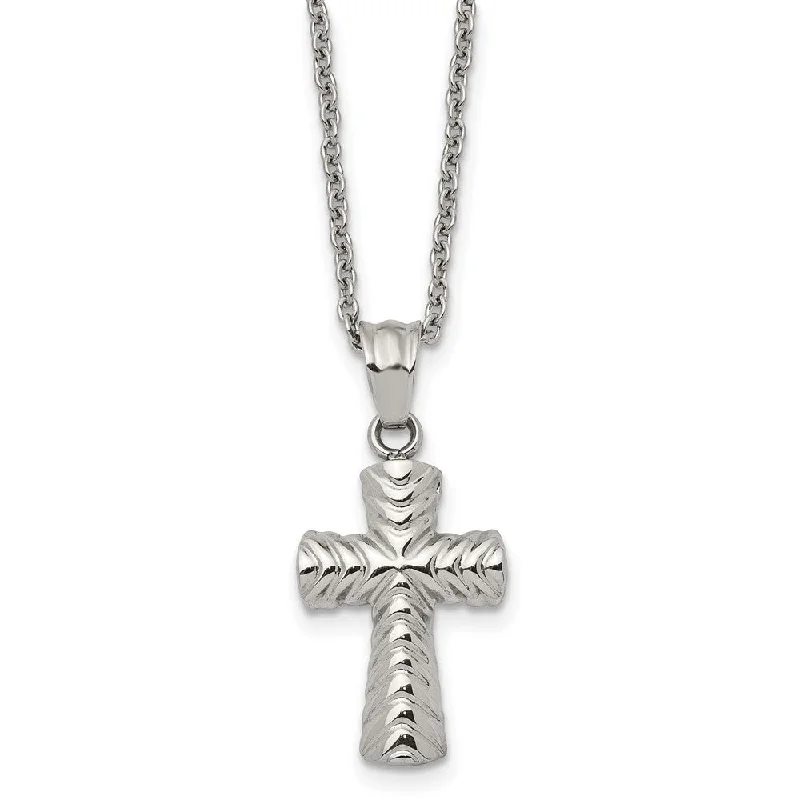 Layered gem necklace-Stainless Steel Small Polished and Textured Cross Necklace, 22 Inch