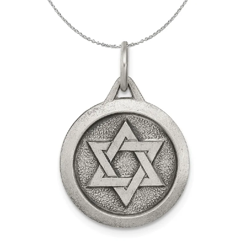 Eroded edge necklace-Sterling Silver Antiqued Star of David Medal, 17mm Necklace