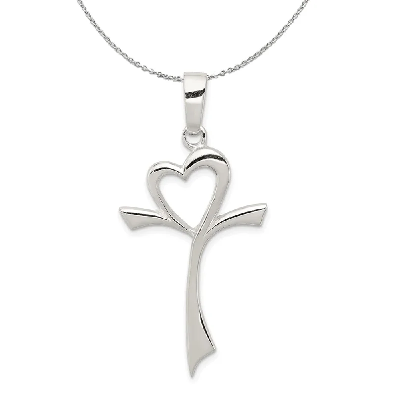 Web grid necklace-Sterling Silver Large Polished Heart Cross Necklace