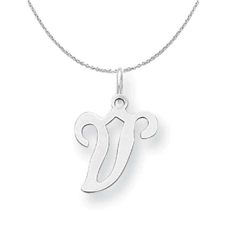 Side gem necklace-Sterling Silver, Sophia Collection, Small Script Initial V Necklace