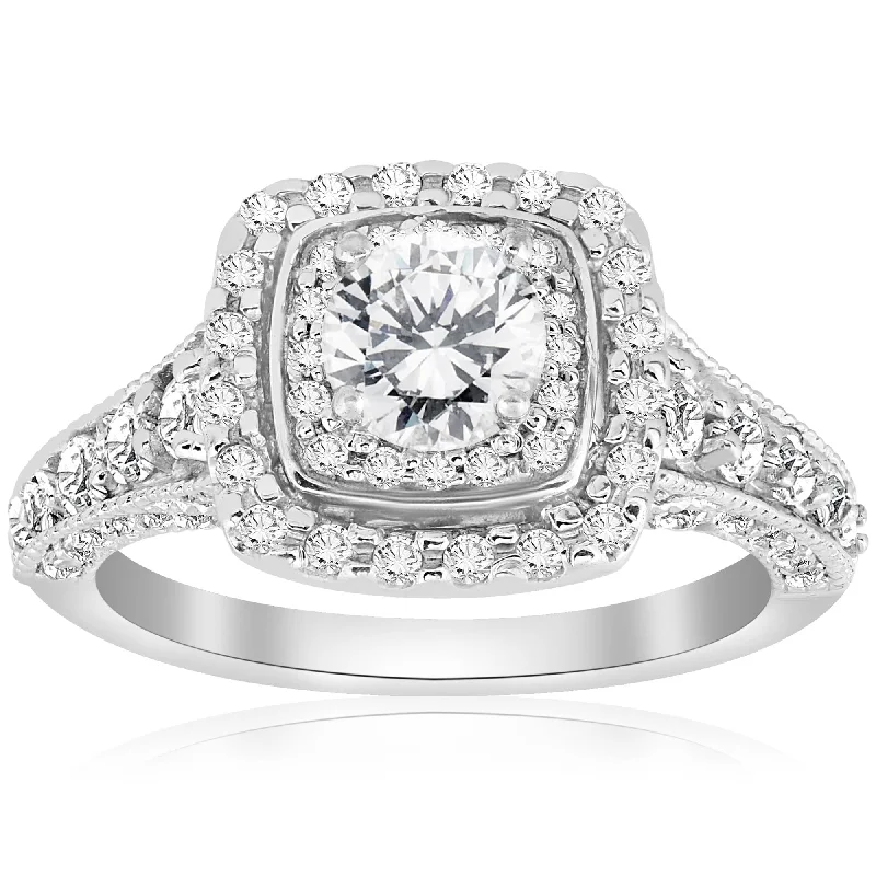 Crimped band ring-1 1/2ct Double Halo Cushion Vintage Diamond Engagement Ring 14K White Gold