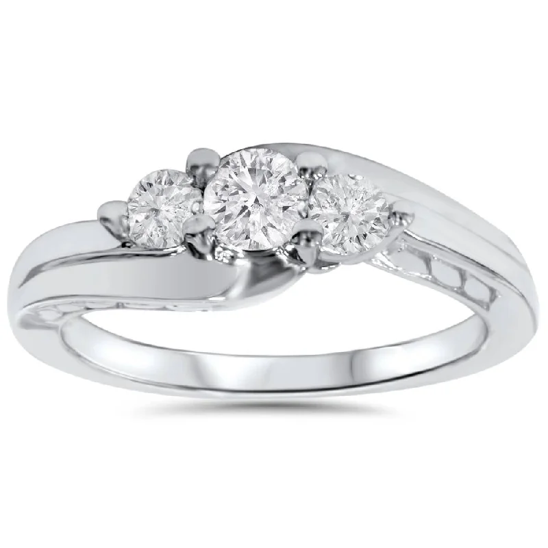 Pinnacle set ring-1/2ct 3 Stone Vintage Diamond Engagement Ring 10K White Gold