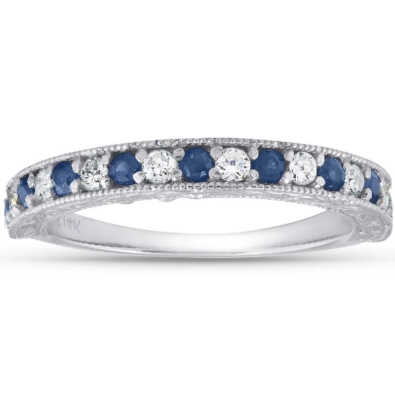 Heptagon gem ring-1/2Ct Blue Sapphire & Diamond Wedding Ring Anniversary Stackable Band White Gold