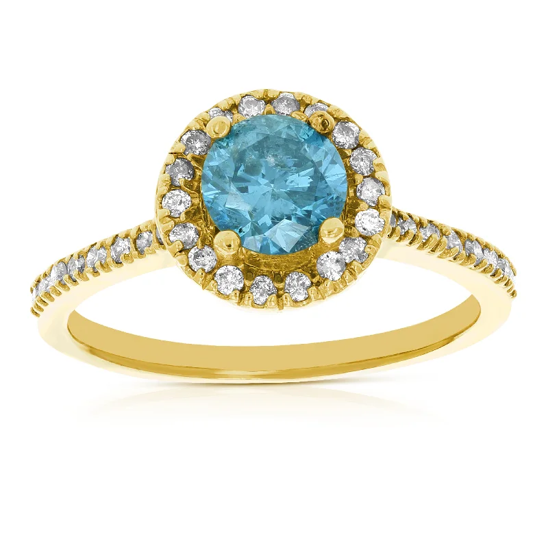 Blossom halo ring-1.30 cttw Blue and White Diamond Engagement Ring 14K Yellow Gold Bridal