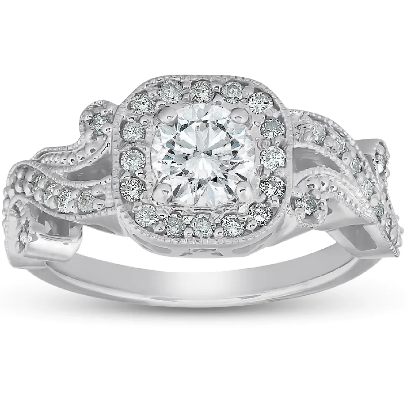 Coiled vine ring-1 Ct Diamond Vintage Cushion Halo Vine Band Engagement Ring 14k White Gold