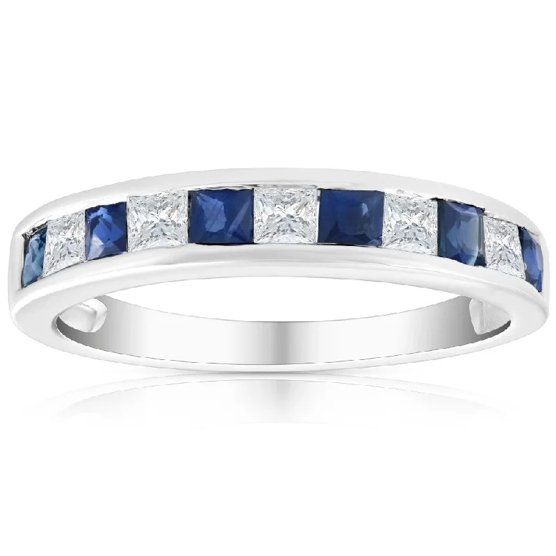 Copper toned ring-1 Ct Princess Cut Blue Sapphire & Diamond Ladies Wedding Ring 14k White Gold