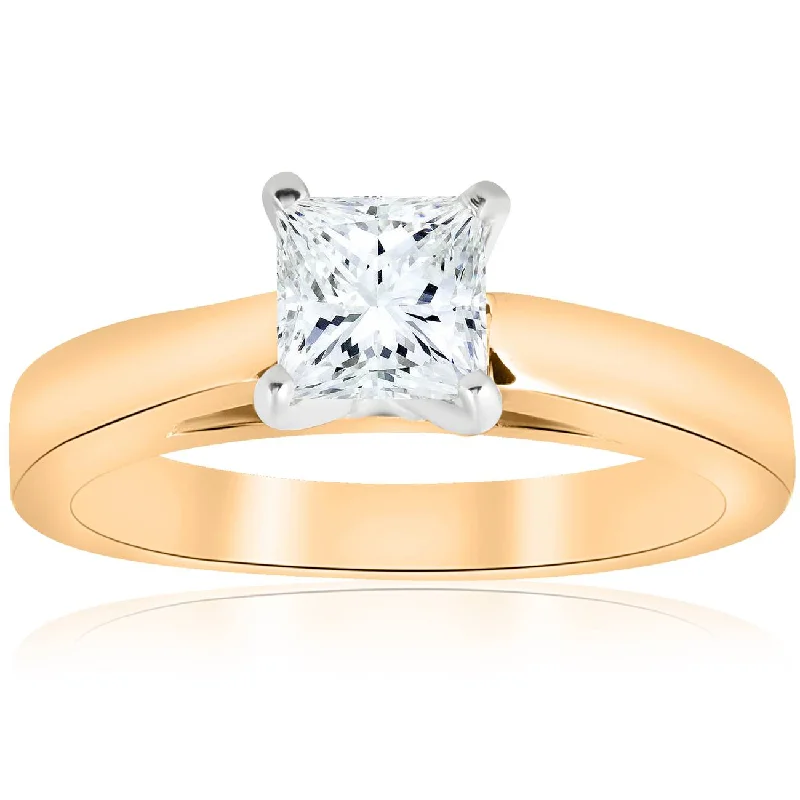 Crimped band ring-1 Ct Princess Cut Solitaire Lab Grown Diamond Engagement Ring Cathedral 14k Gold