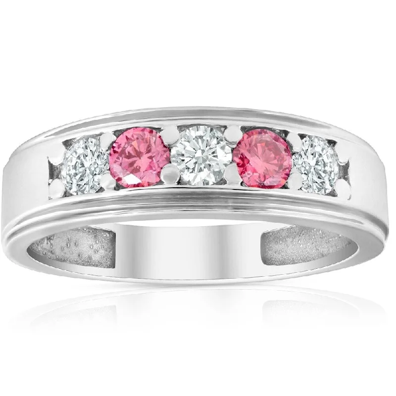 Slanted gem ring-1 Ct T.W. Pink & White Lab Grown Diamond Mens Wedding Ring 5-Stone White Gold