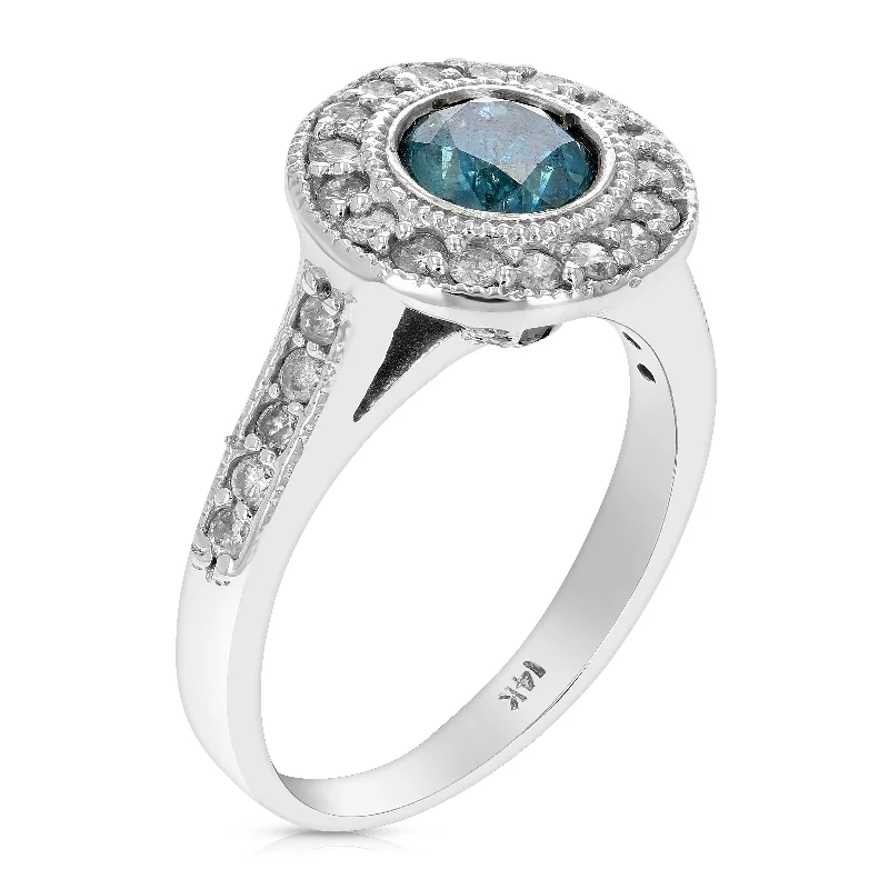 Slanted gem ring-1 cttw Blue Diamond Engagement Ring 14K White Gold Halo Style Round Prong