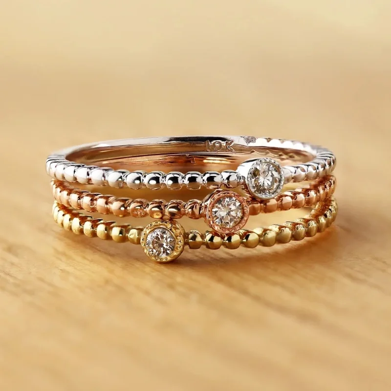 Maple bark ring-10k gold Diamond Accent Ultra-thin Beaded Stackable Ring by Auriya