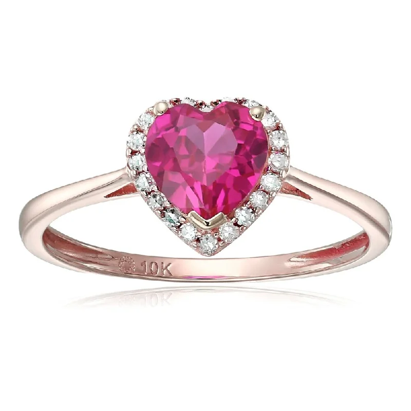 Trillion-cut sapphire ring-10k Rose Gold Created Ruby & Diamond Solitaire Heart Halo Ring