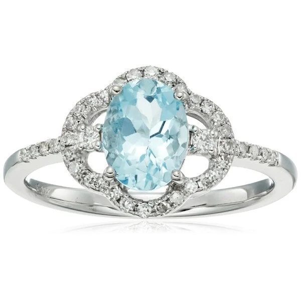 Pine wood ring-10k White Gold Oval Aquamarine, Diamond Solitaire Ring, Size 7 - Blue