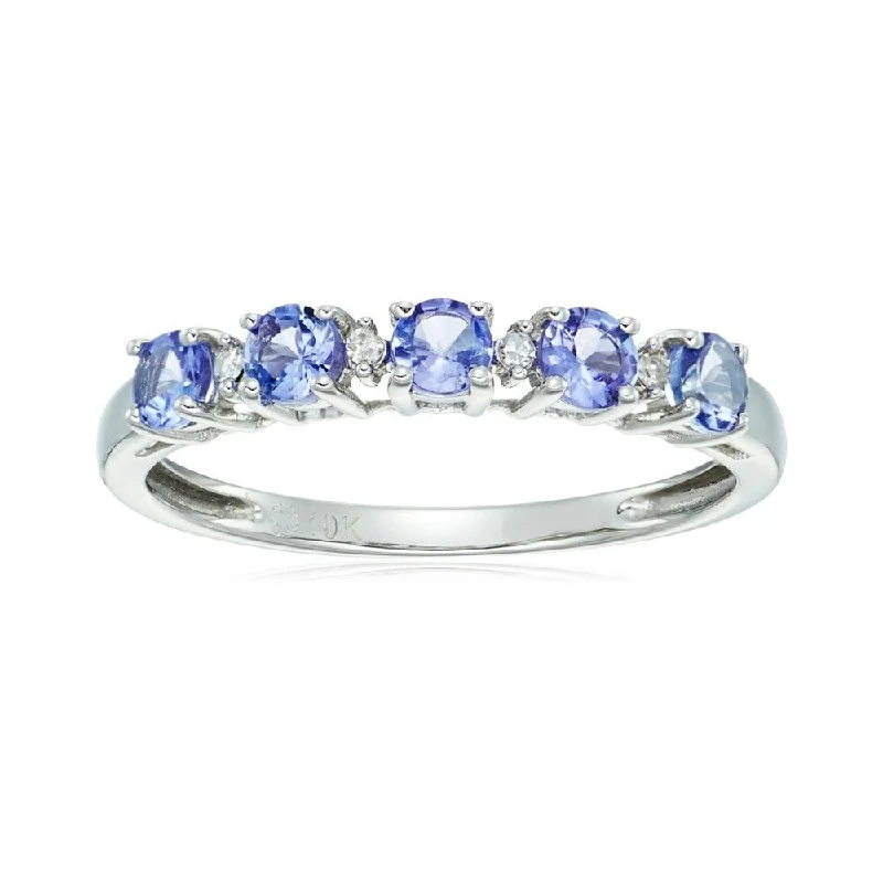 Swirl tide ring-10k White Gold Tanzanite and Diamond Accented Stackable Ring