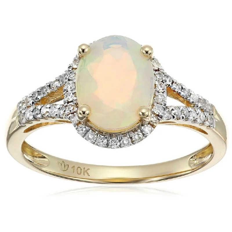 Velvet wrap ring-10k Yellow Gold Ethiopian Opal and Diamond Oval Ring, Size 7 - White