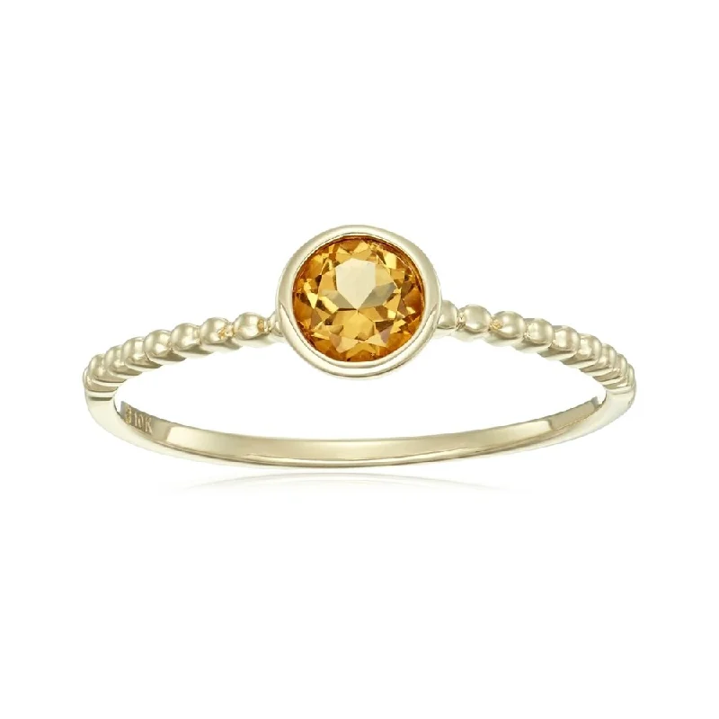 Textured band ring-10KT Yellow Gold Citrine Solitaire Beaded Shank Stack Ring