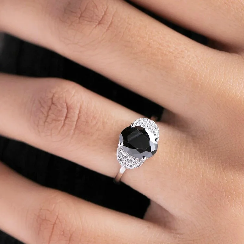 Sisal wrap ring-14 k White Gold Black Oval Diamond Ring For Her