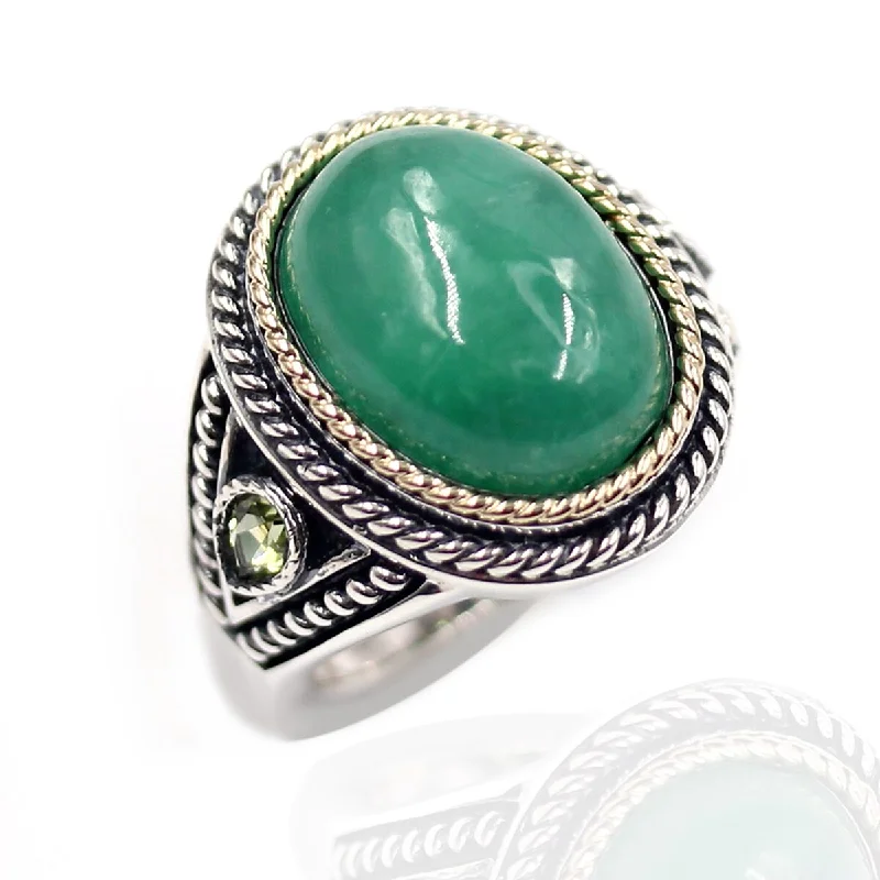 Cotton strip ring-14K Gold & 925 Sterling Silver Green Jade and Peridot Gemstone Solitaire Ring