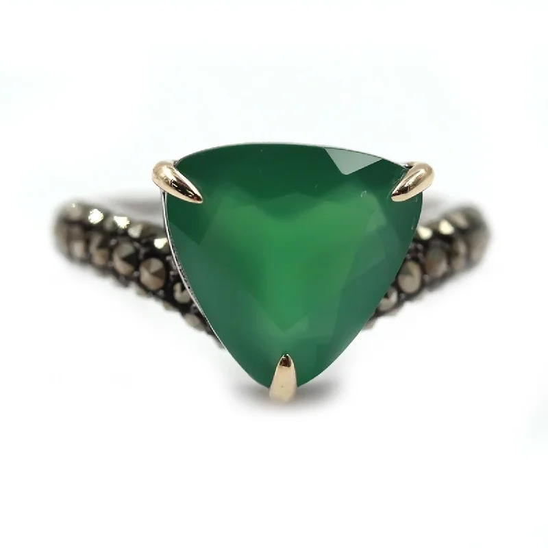 Jute weave ring-14k Gold And Sterling Silver Green Agate and Marcasite Ring