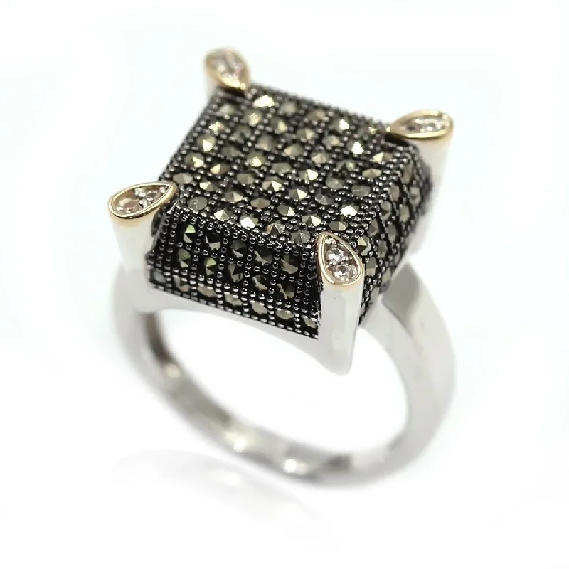 Rough grain ring-14k Gold and Sterling Silver Marcasite Ring