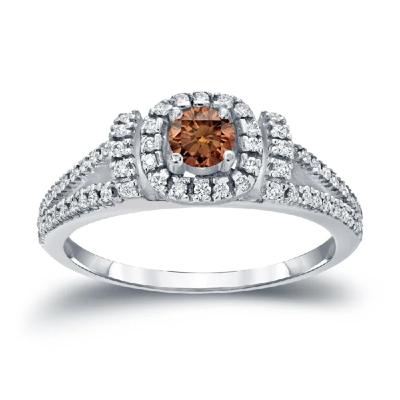 Galactic shine ring-14k Gold Round 1/2ct TDW Split Shank Brown Diamond Halo Engagement Ring by Auriya (I1-I2)