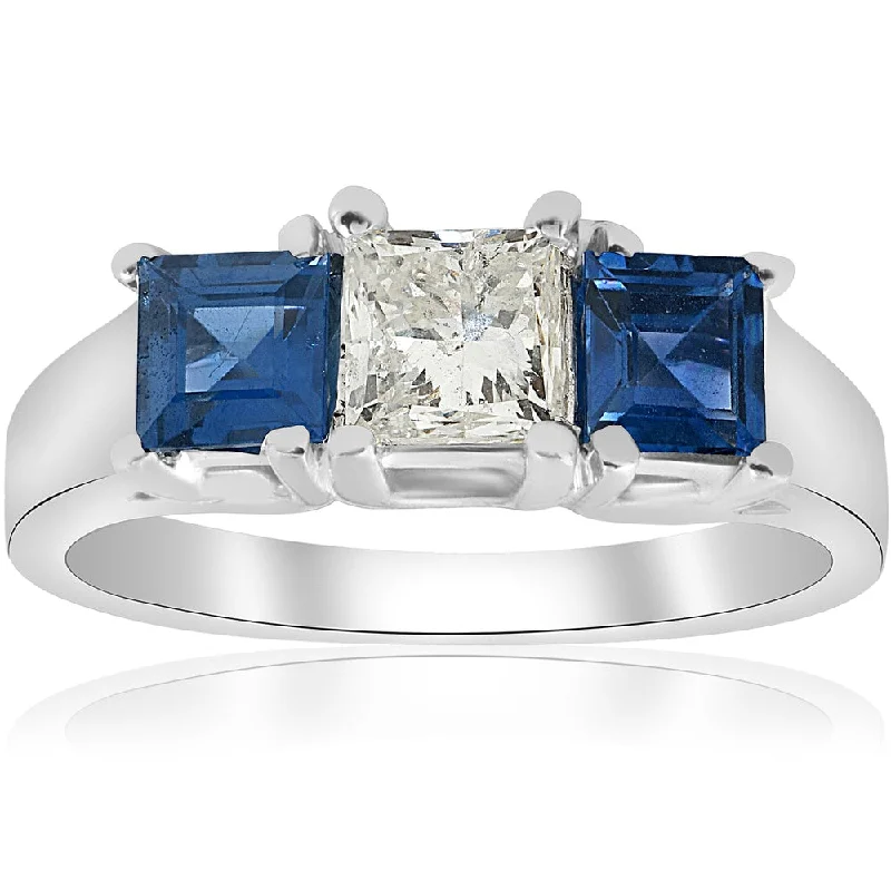 Tile stripe ring-14K White Gold 1 1/2ct Princess Cut Diamond & Blue Sapphire 3 Stone Ring