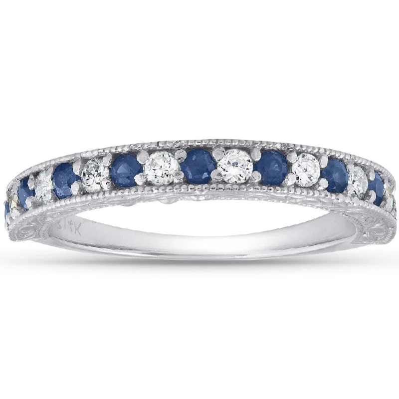 Pine wood ring-14k White Gold 1/2 Ct TDW Blue Sapphire & Diamond Wedding Ring Vintage Band