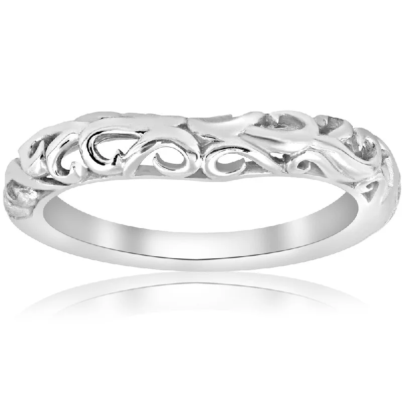 Cluster stack ring-14K White Gold Curved Vintage Womens Filigree Antique Filigree Ring Scroll Band