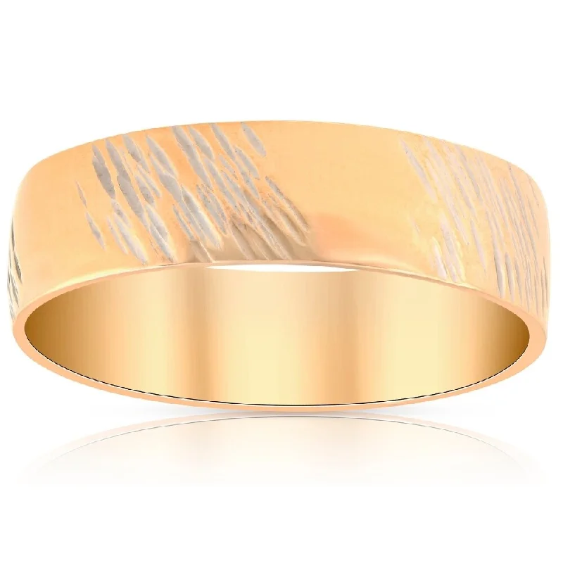 Gingham band ring-14k Yellow Gold Mens 6mm Hand Etched Wedding Anniversary Band