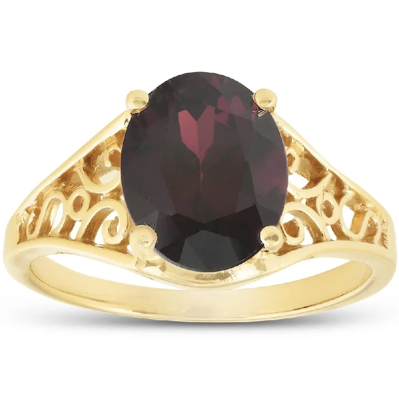 Coiled vine ring-14k Yellow Gold Oval Garnet Solitaire Ring Vintage Antique Scroll Accent Wide Band