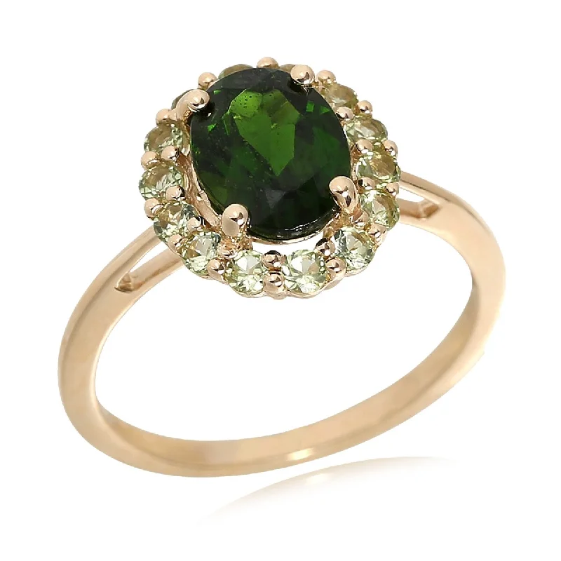 Navy turquoise ring-14Kt Gold Peridot and Chrome Diopside Gemstone Halo Ring