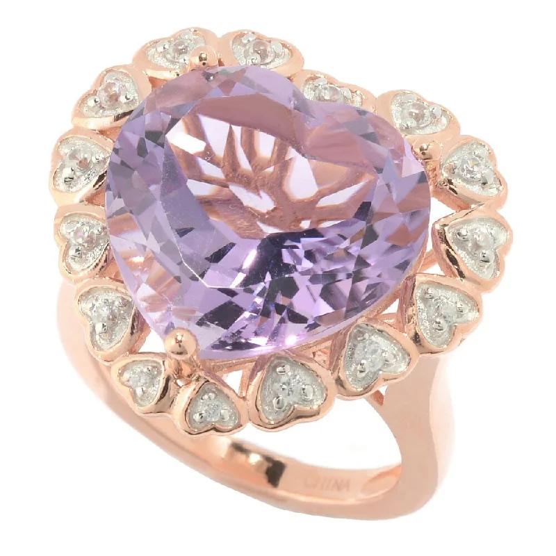 Anemone reef ring-18k Rose Gold over Sterling Silver Amethyst and White Zircon Heart Shaped Halo Ring