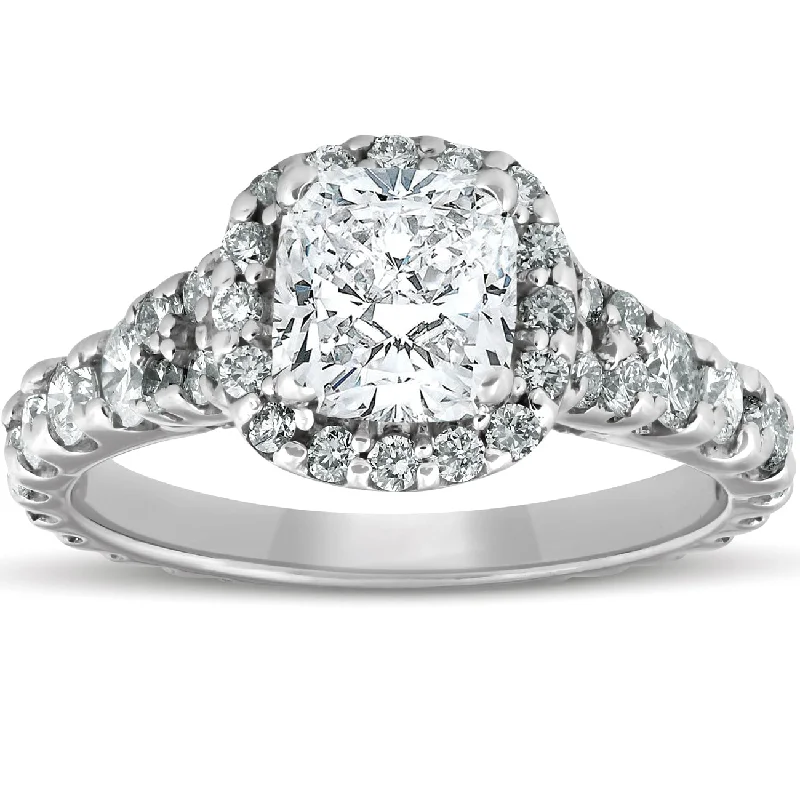 Dome crown ring-2 1/2ct Cushion Diamond Halo Engagement Ring 14k White Gold Lab Grown