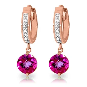 Scored rim necklace-3.28 Carat 14K Solid Rose Gold Diamond Round Pink Topaz Drop Hoops