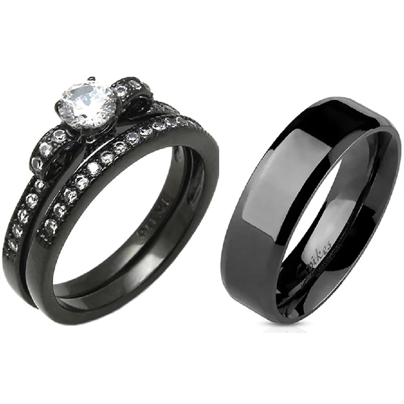 Pale dusk ring-3 PCS Couple 5x5mm Round Cut CZ Black IP Stainless Steel Wedding Set Mens Flat Band