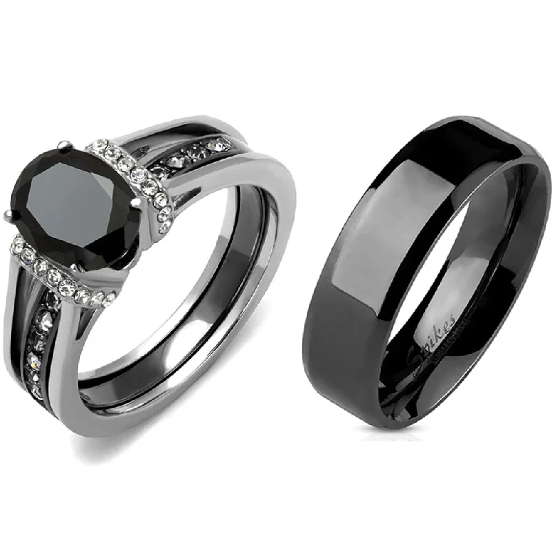 Classic mine ring-3 PCS Couple Black IP Stainless Steel 8x6mm Oval Cut CZ Engagement Ring Set Mens Flat Band