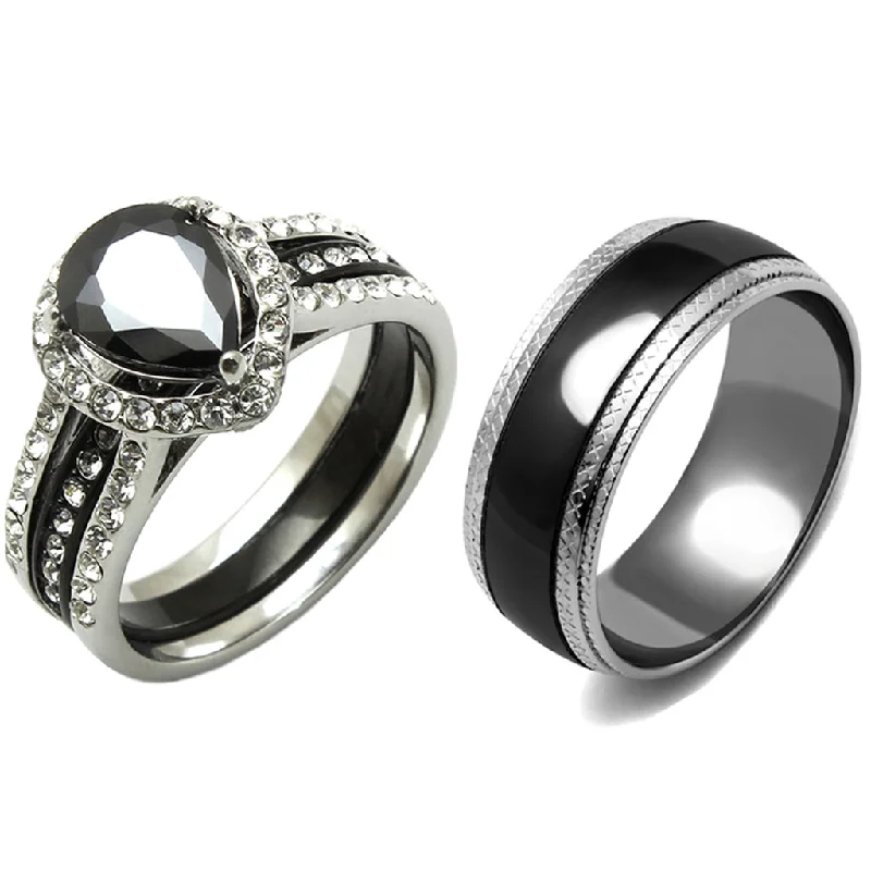 Folk print ring-3 PCS Couple Pear Cut Black CZ Black IP Stainless Steel Wedding Set Mens Matching Band