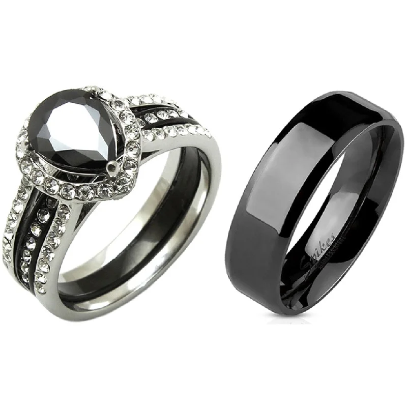 Polished ruby ring-3 PCS Couple Pear Cut Black CZ Black IP Stainless Steel Wedding Set Mens Flat Band