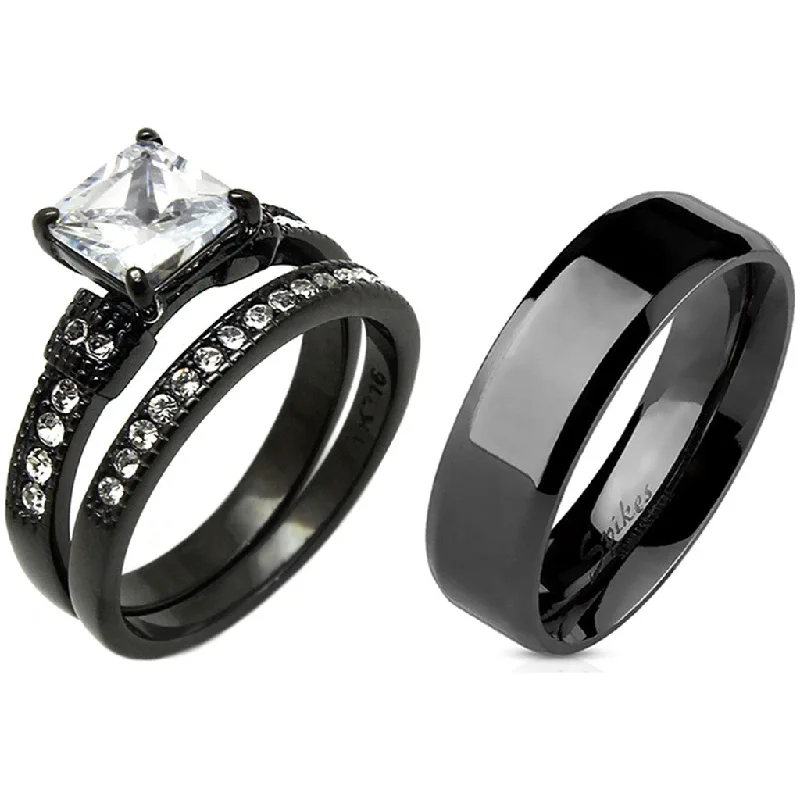 Double gem ring-3 PCS Couple Princess Cut CZ Black IP Stainless Steel CZ Wedding Set Mens Flat Band