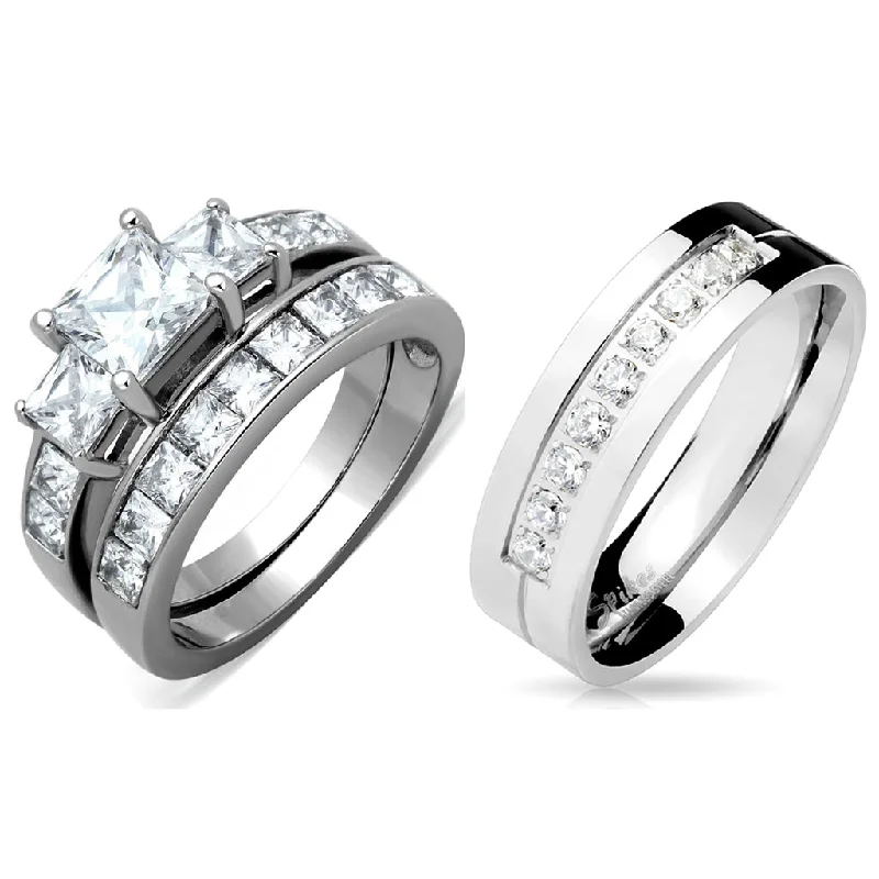 Rose set ring-3 PCS Couples Ring Set Womens Princess Cut CZ Ring set with Mens 9 Round CZ Band